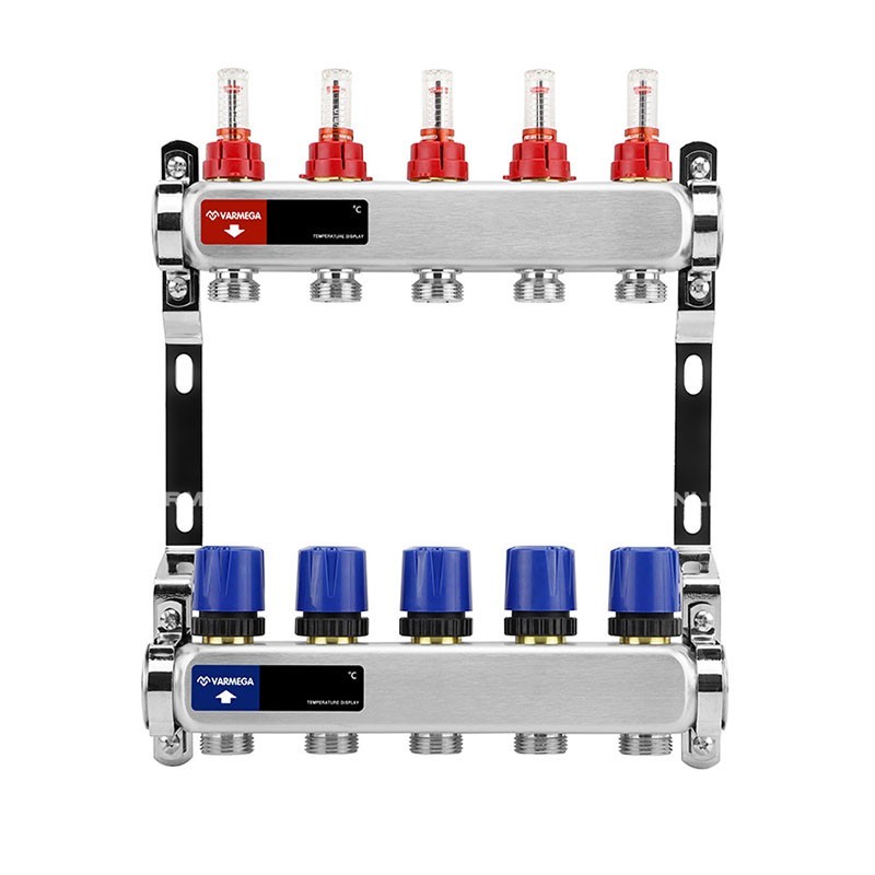 Коллекторная группа из нержавеющей стали DN 25-5 вых. G-3/4'', евроконус, с расходомерами, без дренажного крана и воздухоотводчика, VARMEGA VM15105
