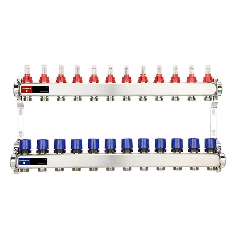 Коллекторная группа из нержавеющей стали DN 25-12 вых. G-3/4'', евроконус, с расходомерами, без дренажного крана и воздухоотводчика, VARMEGA VM15112