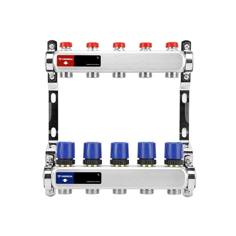 Коллекторная группа из нержавеющей стали DN 25-5 вых. G-3/4'', евроконус, без расходомеров, без дренажного крана и воздухоотводчика, VARMEGA VM15505