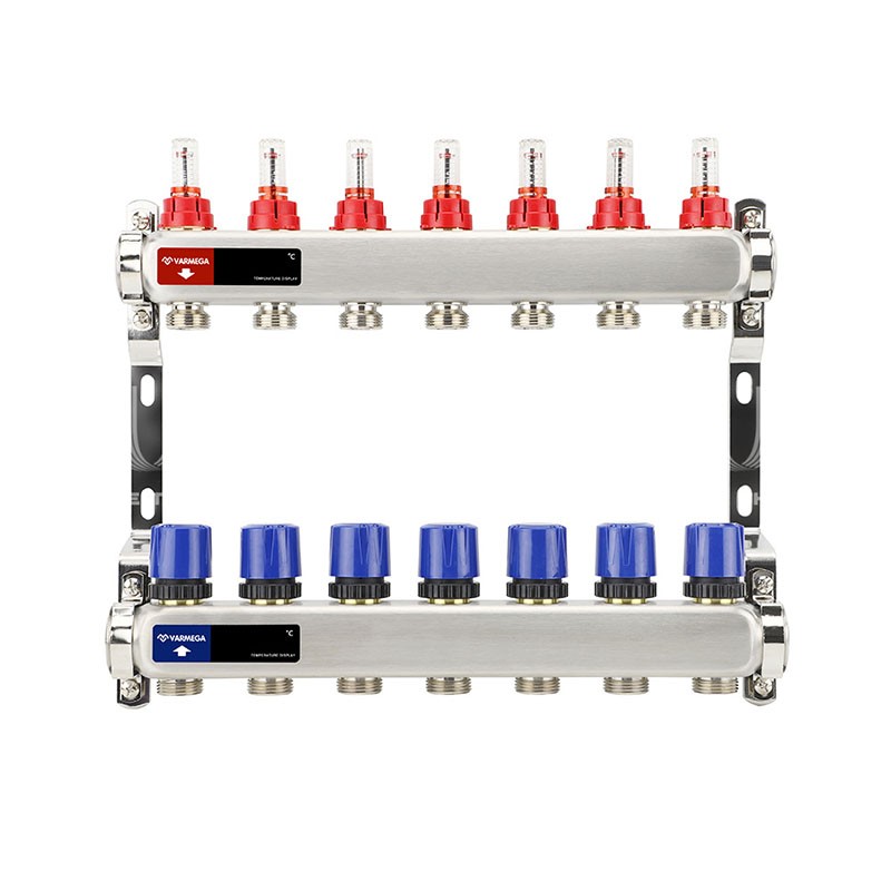Коллекторная группа из нержавеющей стали DN 25-7 вых. G-3/4'', евроконус, с расходомерами, без дренажного крана и воздухоотводчика, VARMEGA VM15107