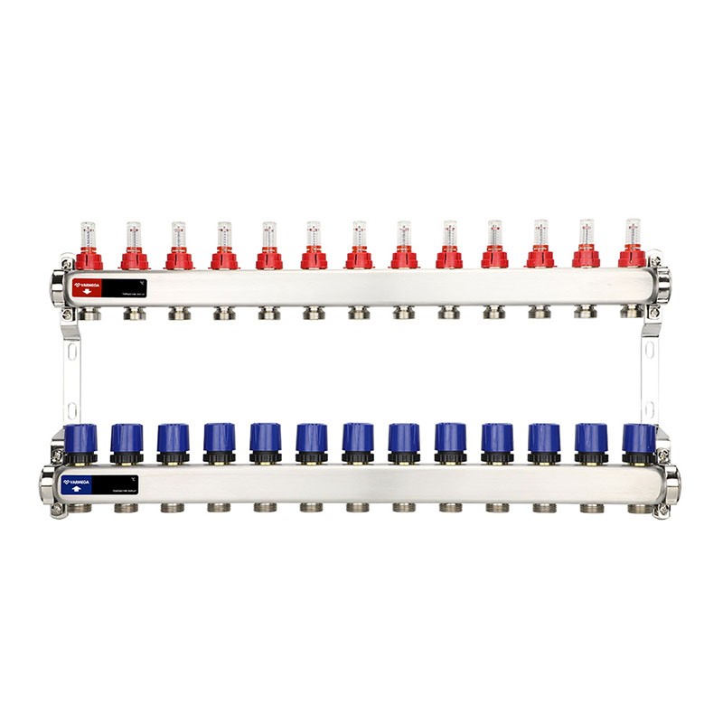 Коллекторная группа из нержавеющей стали DN 25-13 вых. G-3/4'', евроконус, с расходомерами, без дренажного крана и воздухоотводчика, VARMEGA VM15113
