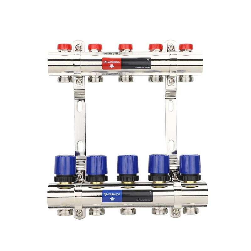 Коллекторная группа из латуни DN 25-5 вых. G-3/4'', евроконус, без расходомеров, без дренажного крана и воздухоотводчика, VARMEGA VM15805