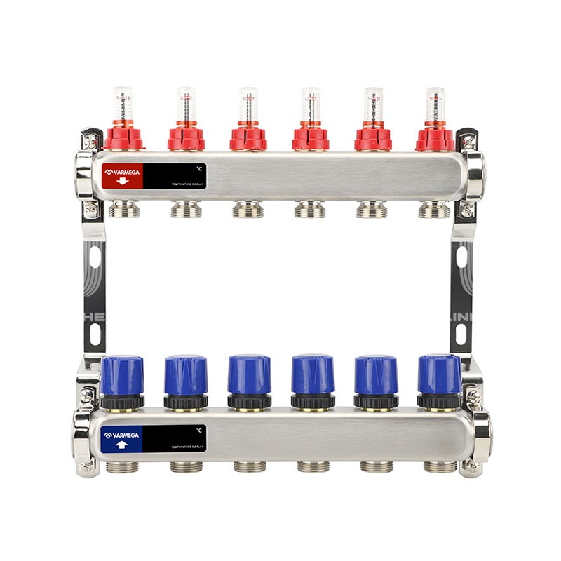 Коллекторная группа из нержавеющей стали DN 25-6 вых. G-3/4'', евроконус, с расходомерами, без дренажного крана и воздухоотводчика, VARMEGA VM15106