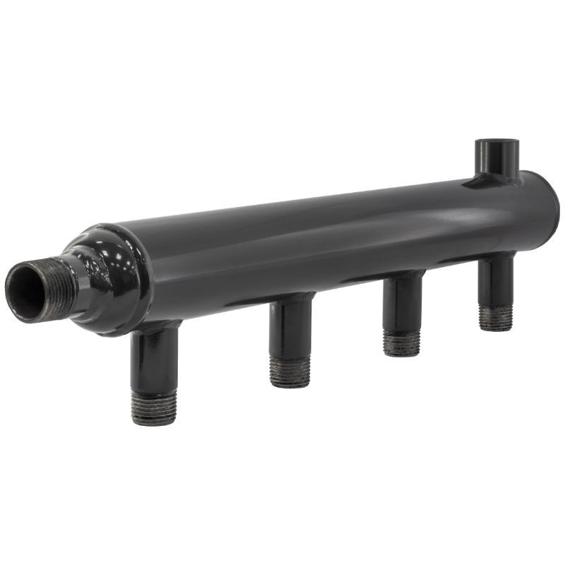 Коллектор распределительный стальной DN40 PN16 вход 25-20 10 выходов НР 3/4'' выход под кран Маевского и импульсную трубку, правосторонний PLP-1