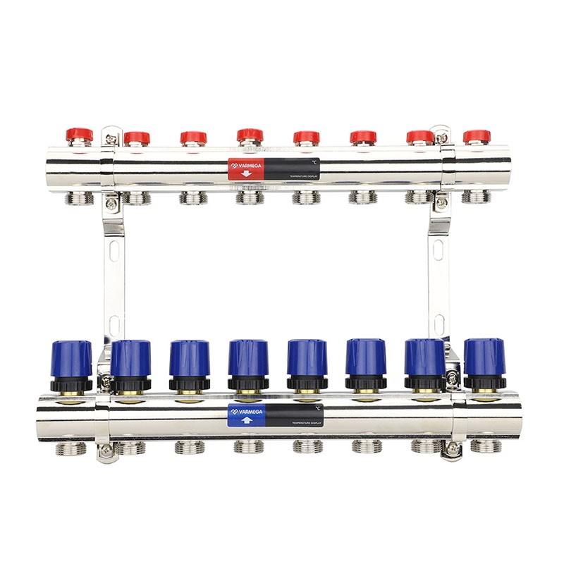 Коллекторная группа из латуни DN 25-8 вых. G-3/4'', евроконус, без расходомеров, без дренажного крана и воздухоотводчика, VARMEGA VM15808