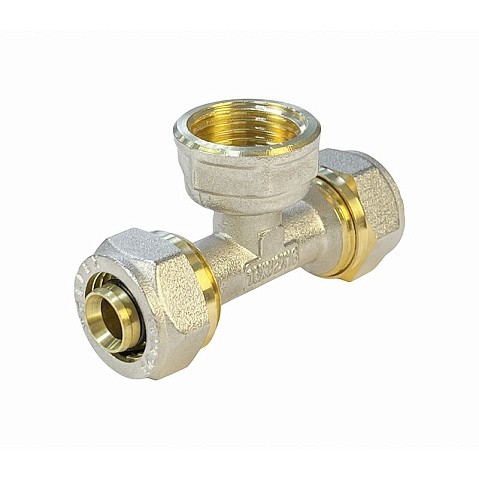 Тройник латунный для PEX труб 20-1/2''-20 PN 10 обжимной никелированный Valfex VF.332.N  купить в Новосибирске | "Проконсим"