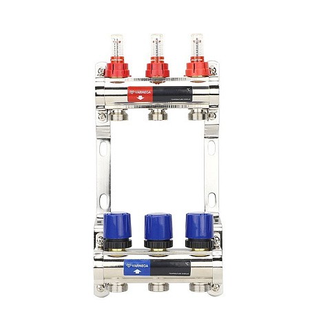 Коллекторная группа из латуни DN 25-3 вых. G-3/4'' евроконус, с расходомерами, без дренажного крана и воздухоотводчика VARMEGA VM15403 купить в Новосибирске | "Проконсим"