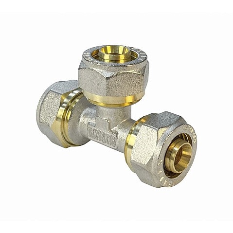 Тройник латунный для PEX труб 20-16-20 PN 10 обжимной никелированный Valfex VF.331.N  купить в Новосибирске | "Проконсим"